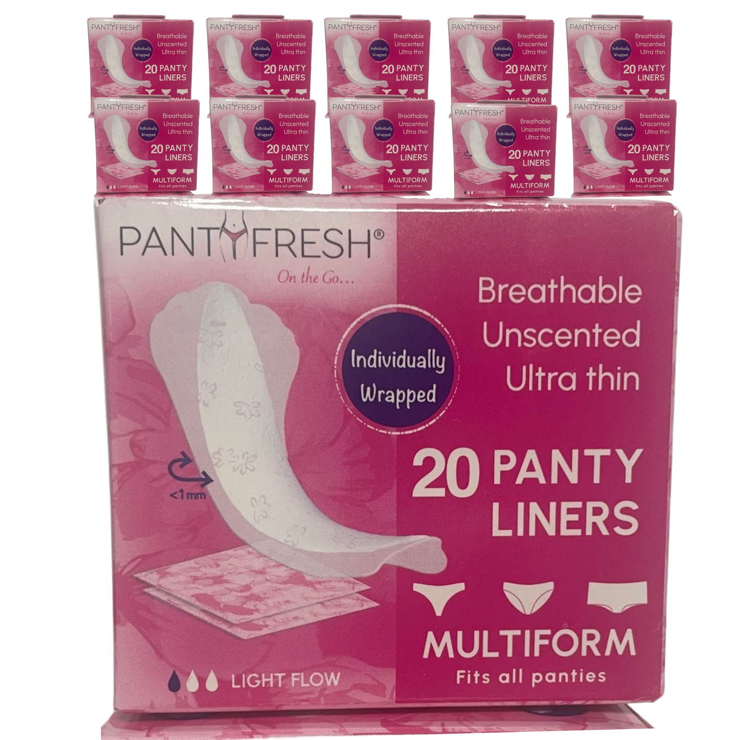 A box of Panty Fresh Multi-Form Panty Liners, featuring 20 individually wrapped panty liners advertised as breathable, unscented, and ultra-thin.