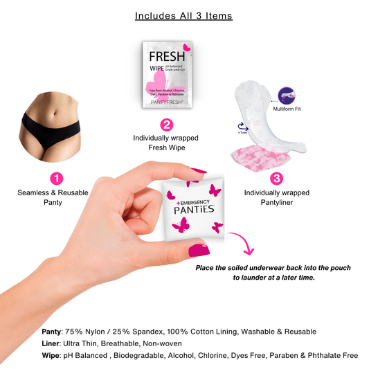 Super Compact and portable underwear kit includes black bikini panty, fresh wipe, and liner in portable travel pouch. fits in pocket