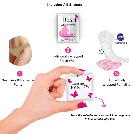 Women’s thong emergency underwear kit with beige thong, wipe, and liner — discreet travel and daily backup.