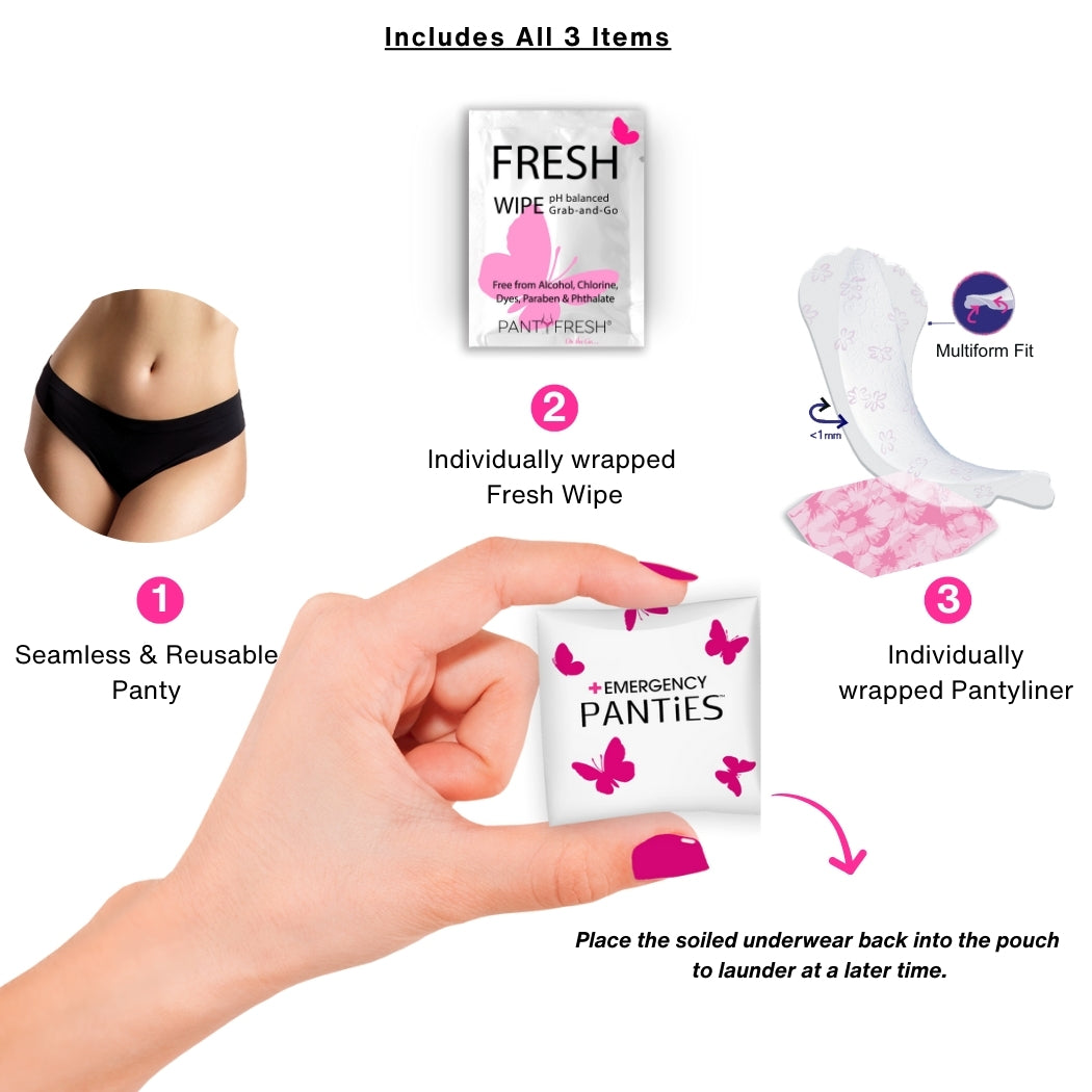ncludes: seamless black bikini panty (fits S–XL), fresh wipe & panty liner
Compact, hygienic kit for travel, work, or daily backups
Perfect for lost luggage, flight delays, or forgotten essentials
Lightweight, easy to carry, and discreet for on-the-go use