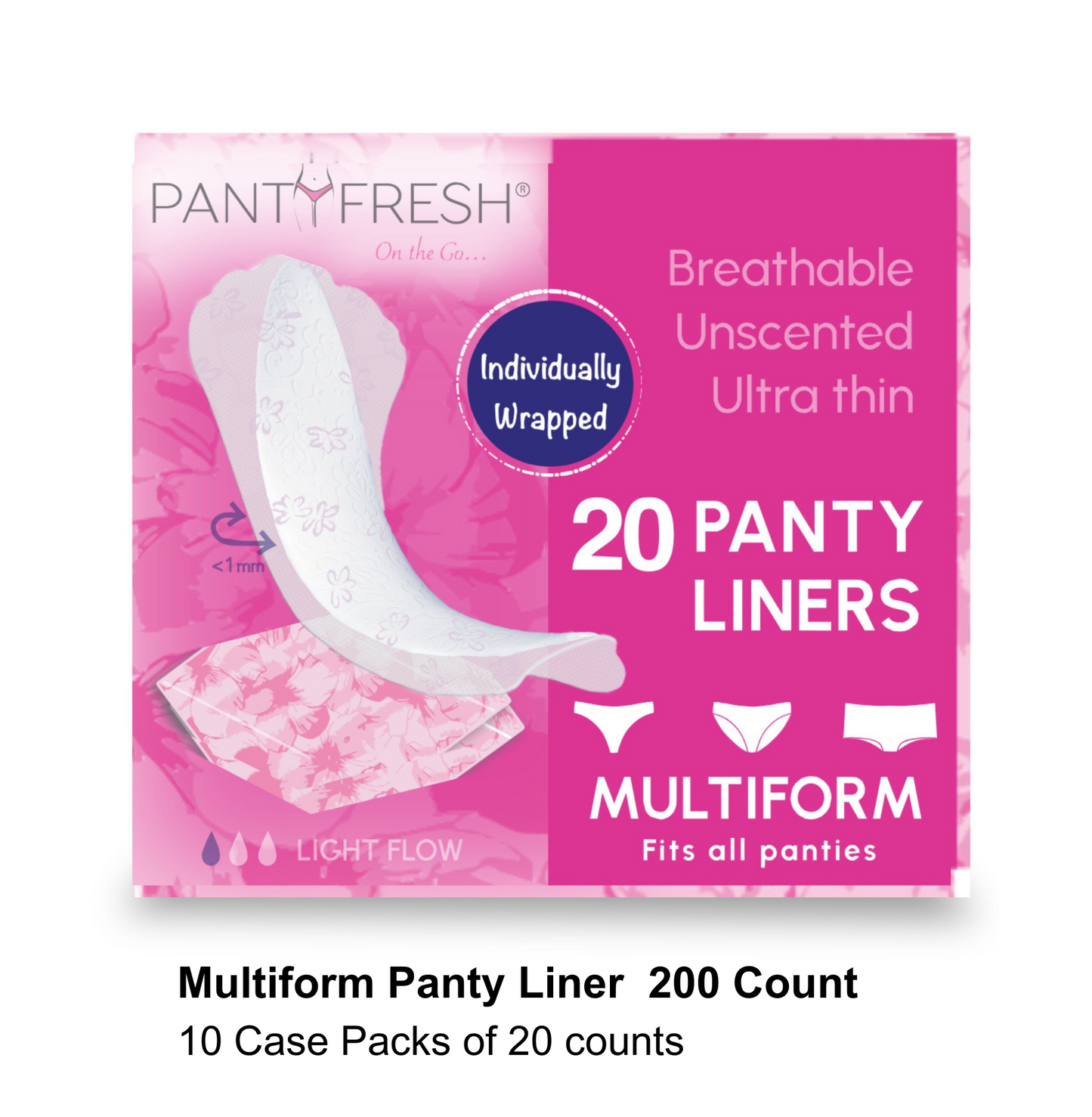 Packaging for PantyFresh Ultra Thin Multi-Form Pantyliners, indicating individually wrapped, breathable, nunscented, ultra thin, and that the pack includes 20 liners.