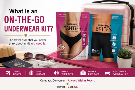Panty Fresh® Emergency Panties® and Emergency Briefs® On-The-Go Underwear Kits shown with travel essentials, illustrating a convenient solution for staying fresh and prepared while traveling.